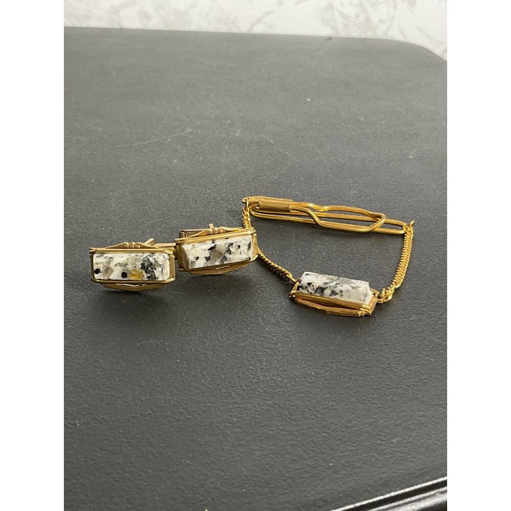 Vintage Mens Cufflinks & Tie Clip Set Gold Tone With Stone Inlay